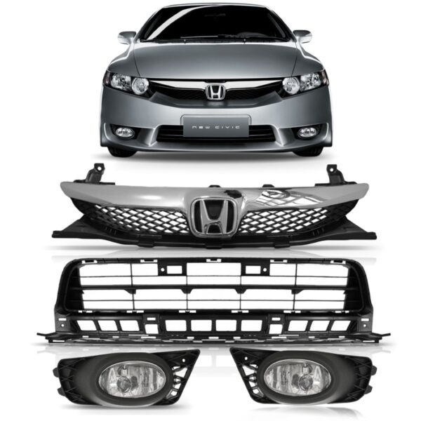 Kit New Civic 2009 Á 2011 Grade Inferior + Superior + Milha Preta Ambos Lados