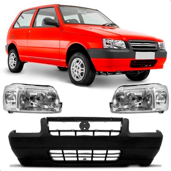 Kit Par Farol + Parachoque Dianteiro Uno 2005 2006 07 A 2010 Preto
