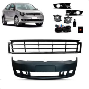 Kit Parachoque Com Grades E Milha Cromada Polo 2012 A 2015 Preto