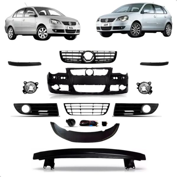 Kit Parachoque + Alma + Grade E Farol Polo 2007 2008 A 2012 Preto